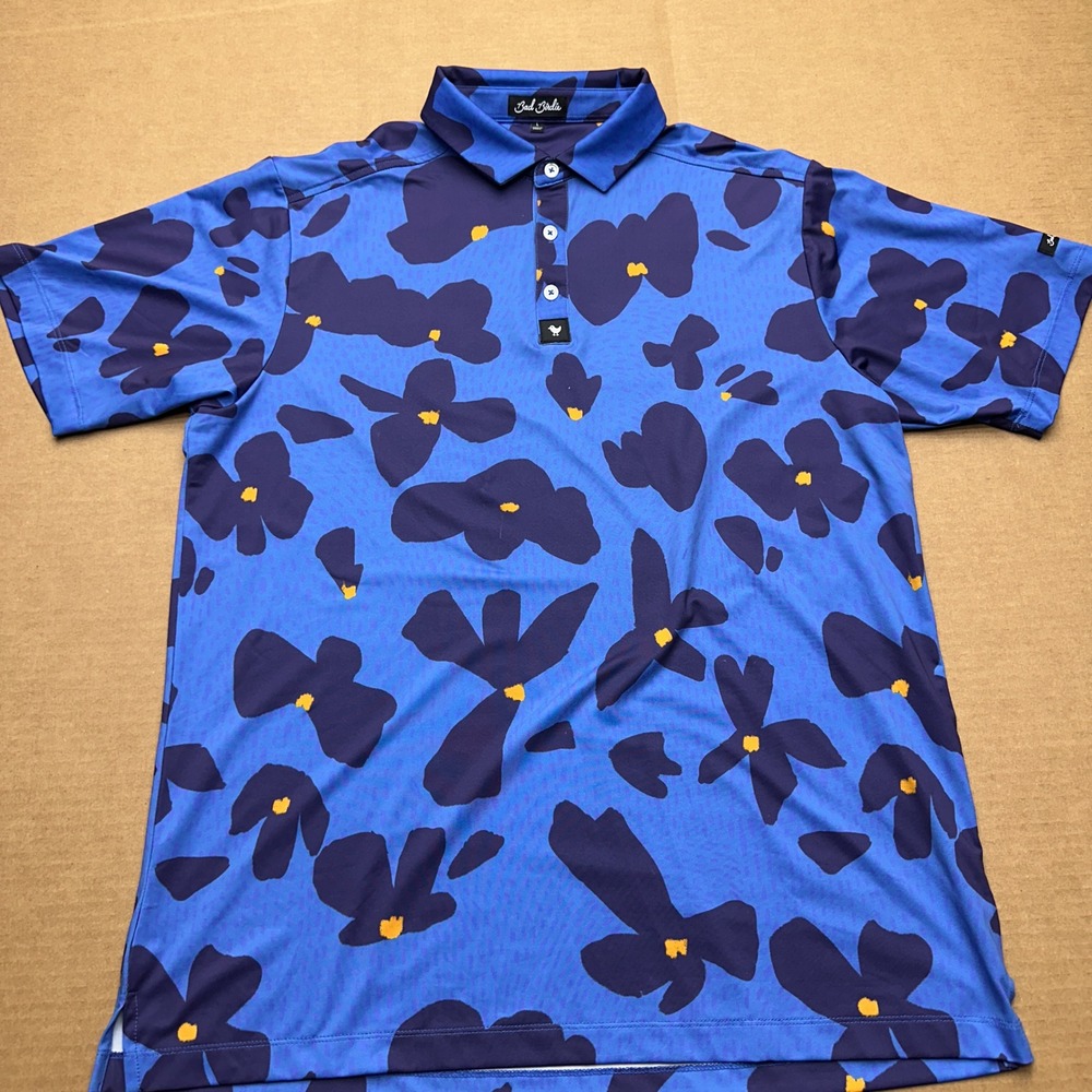 Bad Birdie Performance Polo Shirt Mens Sz L Blue All Over Print Floral Golf